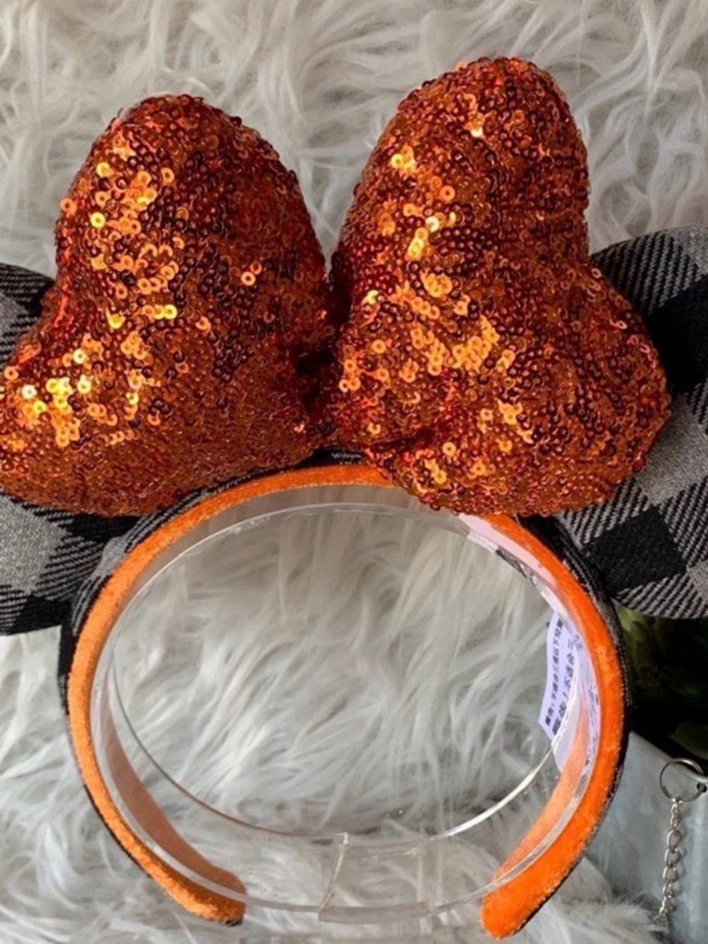 Disney Shanghai Halloween Plaid Minnie Mouse With Orange Sequin Bow Ear Headband